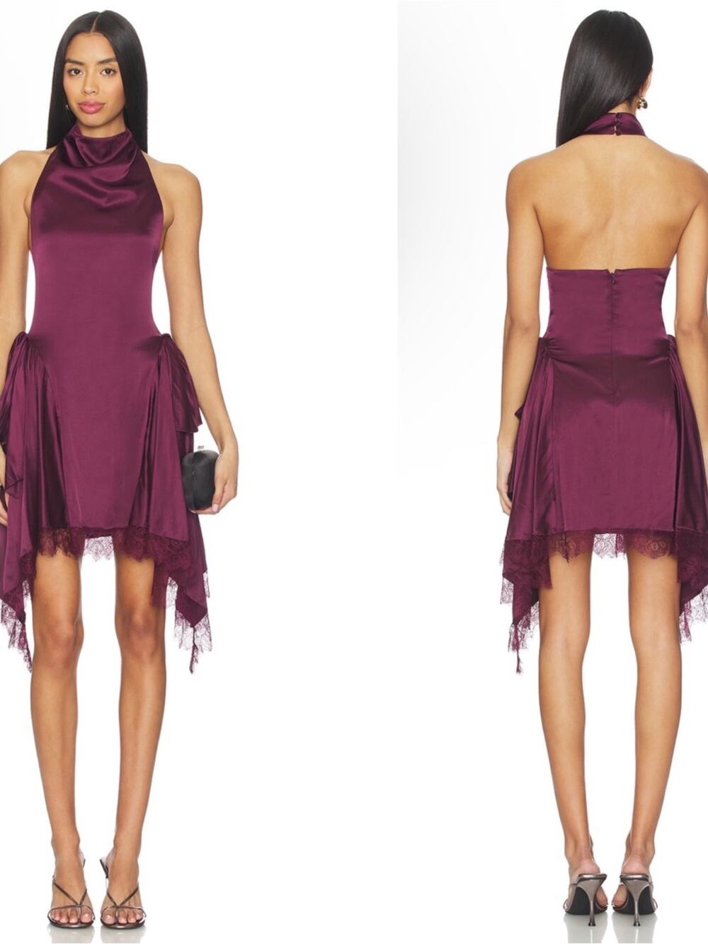 MAJORELLE Dolores Draped Lace Satin Ruffle Purple Mini Dress Size XS